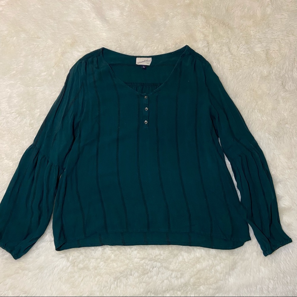 Green Striped Universal Thread Button front Balloon Sleeve Blouse